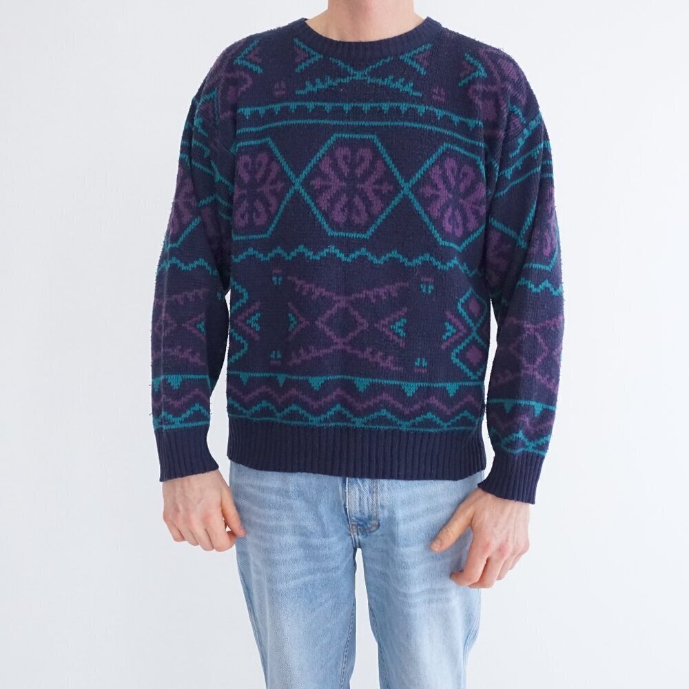 VTG Club International Purple Teal Colorblock Crewneck Knit Sweater Abstract M